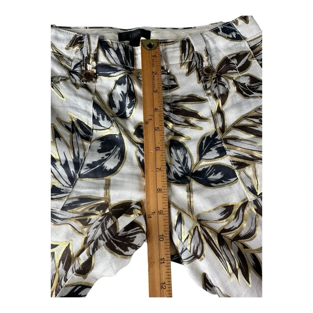 J. Crew Women's Garden Pant Cropped Gold Foil Leaf 100% Linen‎ Size 00